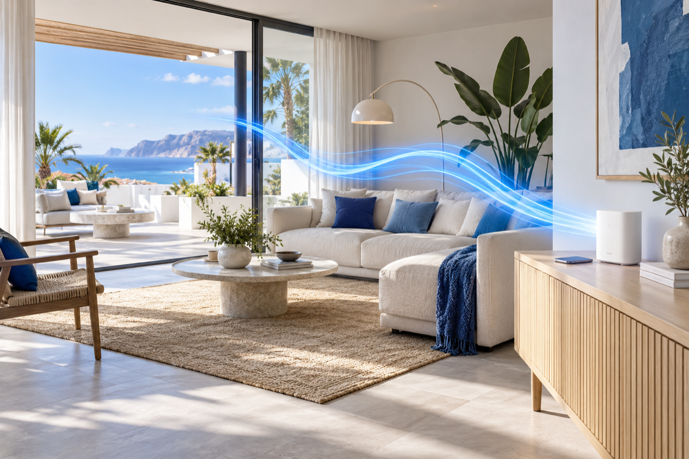 Ilustración de un salón luminoso con router y una onda azul que representa la conexión de fibra